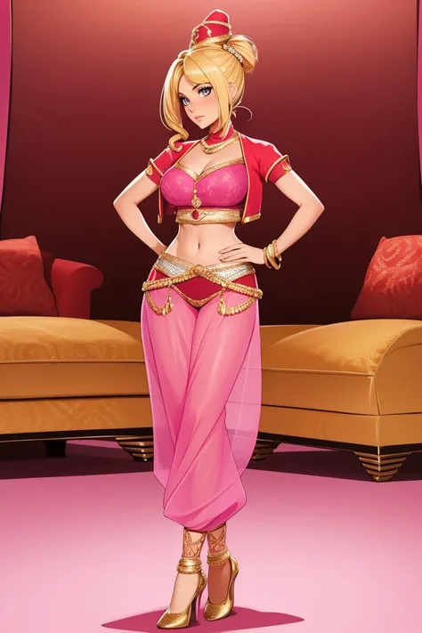 mature female, (full body:1.3), standing, arms crossed, eyeliner, (blonde hair updo), wearing pink genie giab_1, crop top shirt, red crop jacket, sheer harem pants with elastic cuffs, high heels, gold embroidery, hat, <lora:giab_1-15:0.6>, (living room background)