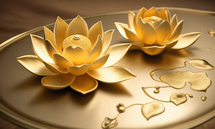 <lora:goldcarvingcd_xl-000006:0.7>,a lotus flower and lotus leaf on table,goldcarvingcd_xl,gold carving,indoors,no humans,(Unbelievable Digital Artwork:1.3),CGSociety,ArtStation,master works, emotional, harmonious, high budget, moody, epic, gorgeous, perfect lighting, realistic, photorealistic, photographic, photo (medium),real, moody lighting, volumetric lighting, reality ray tracing, 8K, HDR, UHD, masterpiece, best quality, highly detailed, high resolution, finely detail, extremely detailed, ultra detailed, wallpaper