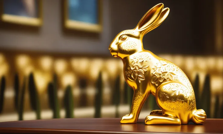 <lora:goldcarvingcd_xl-000006:0.8>,a statue of a hare made of golden in office scene,goldcarvingcd_xl,gold carving,indoors,chinese zodiac,wooden table,cutie,cute,still life,animal statue,front view,facing viewer,looking at viewer,(Unbelievable Digital Artwork:1.3),fine art,CGSociety,ArtStation,master works, emotional, harmonious, high budget, moody, epic, gorgeous, perfect lighting, realistic, photorealistic, photographic, photo (medium),real, moody lighting, volumetric lighting, reality ray tracing, 8K, HDR, UHD, masterpiece, best quality, highly detailed, high resolution, finely detail, extremely detailed, ultra detailed, wallpaper