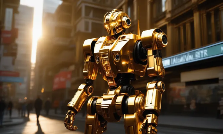 <lora:goldcarvingcd_xl-000006:0.6>,a mecha standing in street,golden skin,goldcarvingcd_xl,gold carving,outdoors,cyberpunk,cityscape,science fiction,future city,front view,facing viewer,looking at viewer,(Unbelievable Digital Artwork:1.3),CGSociety,ArtStation,master works, emotional, harmonious, high budget, moody, epic, gorgeous, perfect lighting, realistic, photorealistic, photographic, photo (medium),real, moody lighting, volumetric lighting, reality ray tracing, 8K, HDR, UHD, masterpiece, best quality, highly detailed, high resolution, finely detail, extremely detailed, ultra detailed, wallpaper