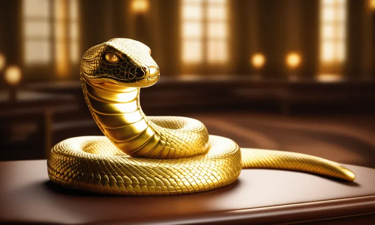 A close up of a gold snake on a table in a room - SeaArt AI