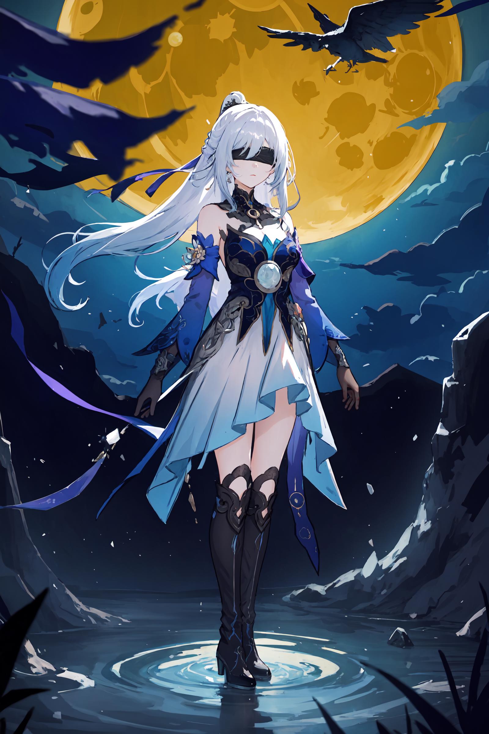 A woman in a blue dress standing in front of a full moon - SeaArt AI