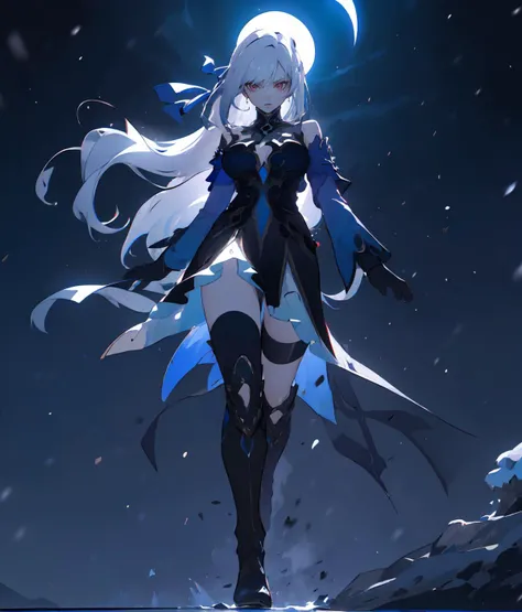 masterpiece, Extreme details, Light particle effects, Space Background,The vast starry sky,Grand background,Ruby-studded armor, Glittering, 2D style, Snow, white hair, Golden eyes, Flowing long hair,night, moonlight, ((Sea of purple flowers)), Endless sea of flowers,Composite armor, Complete armor, Red decoration, Naked chest, Large Breasts, mangrove, Short skirt, White background,(( whole body)),((Black armor boots)),Delicate face