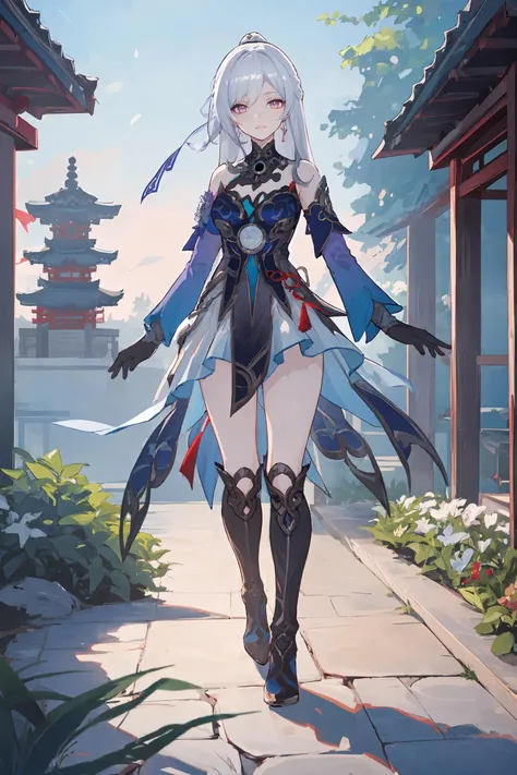 1girl, jingliu \(honkai: star rail\), black gloves, high heel boots, blue dress, detached sleeves, hair ribbon, full body, looking at viewer, smile, floating hair,  depth of field, garden, east asian architecture