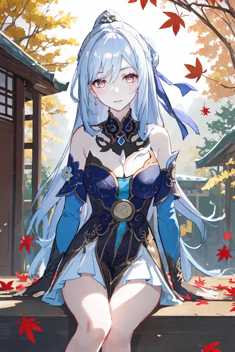 1girl, jingliu \(honkai: star rail\), black gloves, blue dress, detached sleeves, hair ribbon, looking at viewer, sitting, finger to mouth, blush, floating hair, cowboy shot, depth of field, east asian architecture, autumn, autumn leaves, autumn leaves
