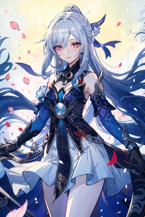 masterpiece, best quality, JingliuV4, 1girl, solo, looking at viewer, closed mouth, gloves, dress, black gloves, detached sleeves, hands behind back,