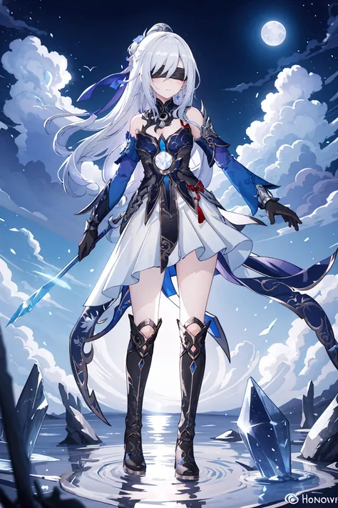 1girl, jingliu \(honkai: star rail\), black gloves, blue dress, detached sleeves, hair ribbon, white skirt, pelvic curtain, halterneck, knee boots, standing, full body, looking at viewer, expressionless, night, crystal, floating hair, full moon, cloud, backlighting, depth of field, blindfold