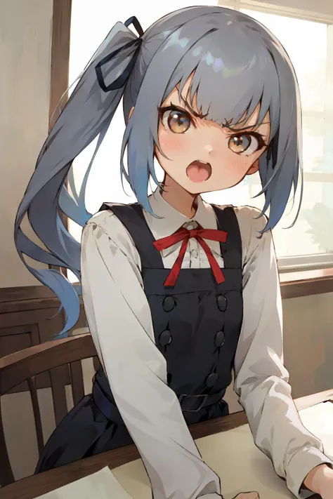 (masterpiece, best quality),
<lora:kancolle_kasumikaini-10:1>, kasumi kai ni, side ponytail, hair ribbon, brown eyes,
pinafore dress, shirt, ribbon, long sleeves,
standing, 
angry, open mouth, looking at viewer,
1girl, solo, cute face, kawaii, cute, very big eyes, Aesthetic Anime Eyes,small face,
looking at viewer, 
indoors, table,
upper body,