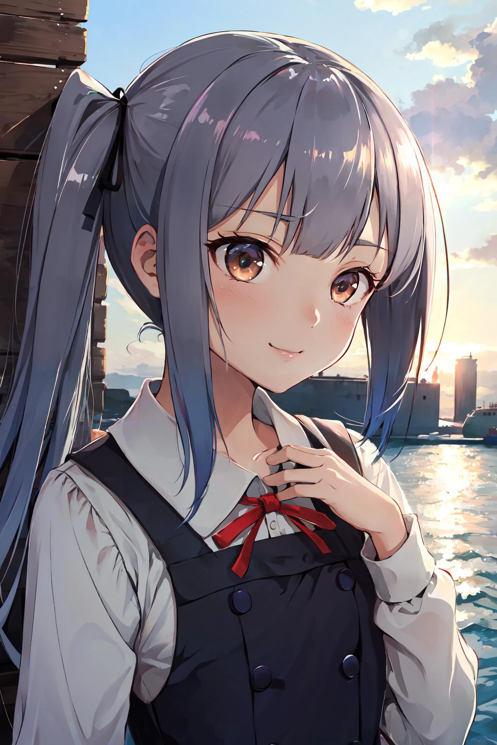 <lora:kancolle_kasumikaini-10:1>, kasumi kai ni, side ponytail, hair ribbon, brown eyes,
pinafore dress, shirt, ribbon, long sleeves,
cute face, kawaii, cute, very big eyes, Aesthetic Anime Eyes, small face,
masterpiece, best quality,
1girl, solo, (hand on own chest),
(looking afar, looking ahead, looking away, half-closed eyes),
light smile,
(upper body), from side,
harbor, sunrise, backlighting,