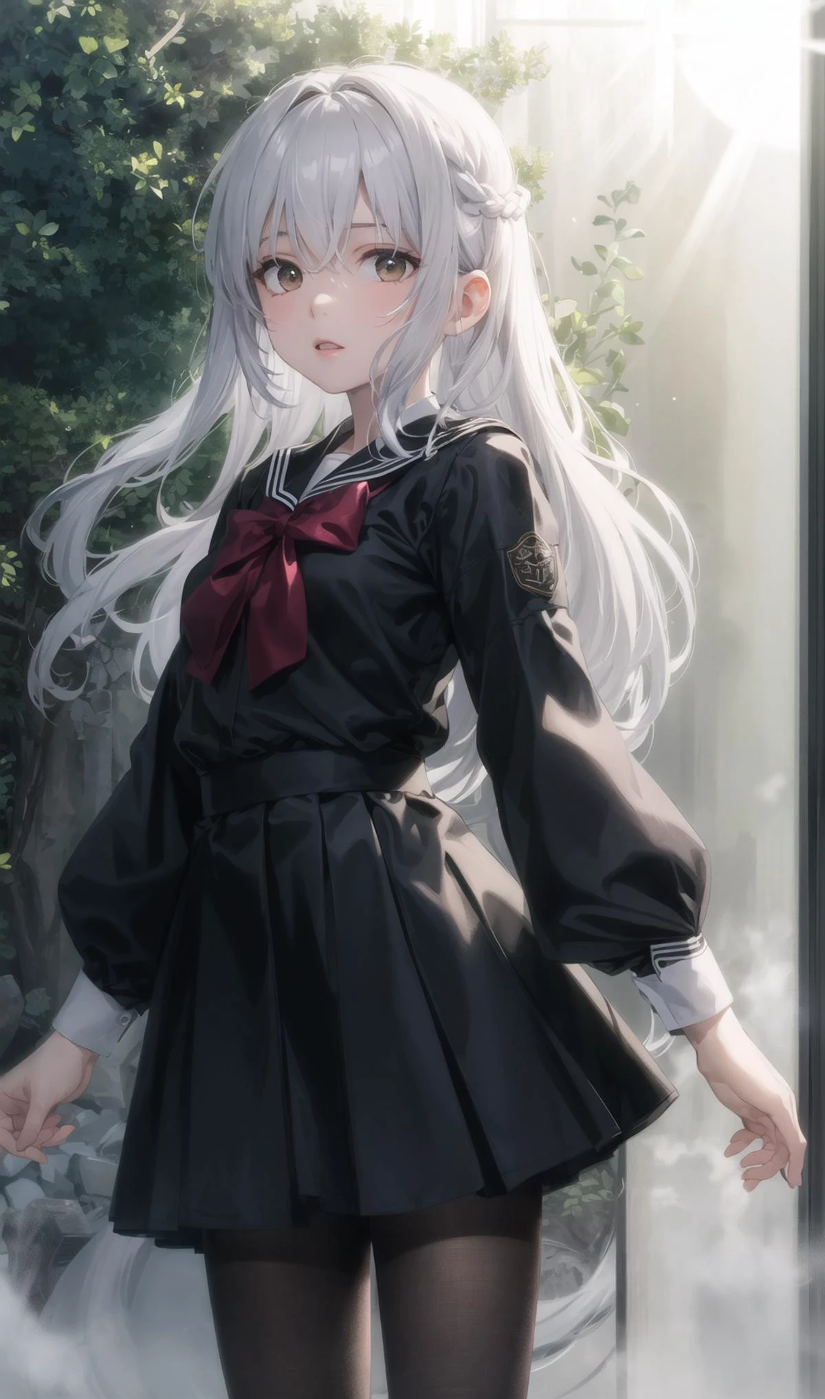dark,dark,dark,finely detail, Depth of field,(((masterpiece))),((extremely detailed CG unity 8k wallpaper)),best quality, high resolution illustration,Amazing,intricate detail,(best illumination, best shadow, an extremely delicate and beautiful),dramatic angle,long-focus,A rich color,darkgreen tone,darkgreen tone,(ruins),(ruins),(ruins),
chowbie_jue,bangs,black_bow,black_pantyhose,black_skirt,blurry,blurry_background,braid,bow,brown_eyes,grey_hair,
hair_between_eyes,hair_bow,hand_up,highres,legs,
long_hair,long_sleeves,looking_at_viewer,original,pantyhose,
pleated_skirt,puffy_long_sleeves,puffy_sleeves,sailor_collar,shirt,skirt,solo,standing,white_sailor_collar,white_shirt,
,(forest),(((Tyndall effect))),(((dense))),((fog)),((God's light)),(((backlight))),((light leaks)),((Airborne dust)),
((white hair)),long hair, young,((small breast)),