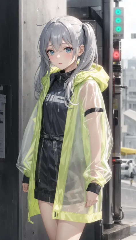 sci-fi girl, (disheveled hair), very long grey blue hair, twintails, mignon, above waist, detailed cute eyes,
(transparent raincoat), (transparent plastic cloak), long cyber hooded jacket, red led, green led, yellow led,