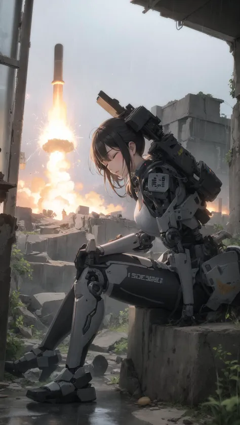 1girl, solo, closed_eyes, parted lips, sitting, injury, broken, mechanical arms, robot joints, mecha musume, ruins, rain, nuclear_bomb, mushroom cloud, boom, explosion, post-apocalypse,