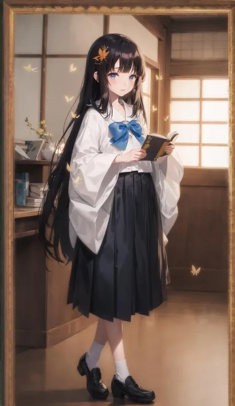 (((houraisan kaguya))), blue_butterfly, butterfly, butterfly_hair_ornament, glowing_butterfly, origami, paper_crane, 1girl, long_hair, book, black_hair, skirt, paper_airplane, solo, book_stack, very_long_hair, black_skirt, bookmark, ginkgo_leaf, blue_bow, shoes, picture_frame, pleated_skirt, ,flying,