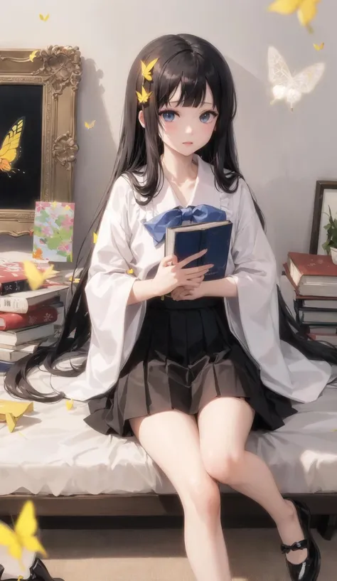 (((houraisan kaguya))), blue_butterfly, butterfly, butterfly_hair_ornament, glowing_butterfly, origami, paper_crane, 1girl, long_hair, book, black_hair, skirt, paper_airplane, solo, book_stack, very_long_hair, black_skirt, bookmark, ginkgo_leaf, blue_bow, shoes, picture_frame, pleated_skirt, ,flying,