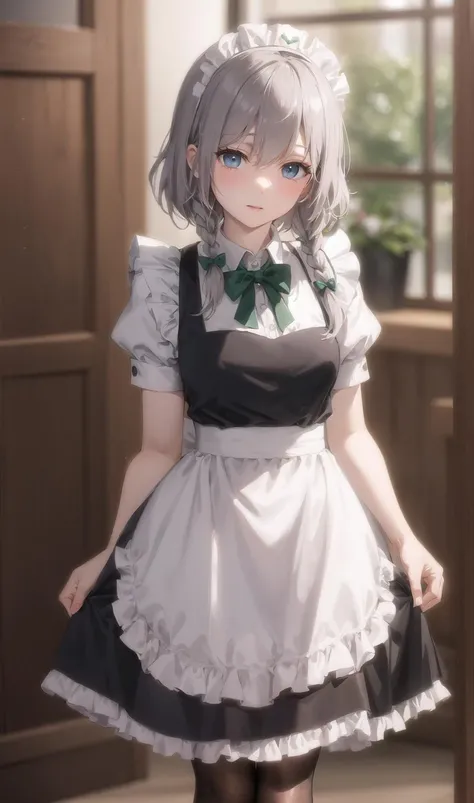 blurry, blurry_background, blurry_foreground, depth_of_field, izayoi_sakuya, maid_headdress, motion_blur, 1girl, maid, twin_braids, braid, apron, silver_hair, photo_\(medium\), pantyhose, solo, waist_apron, puffy_sleeves, high_heels, bow, green_bow, puffy_short_sleeves, black_footwear, blue_eyes, short_sleeves, hair_bow