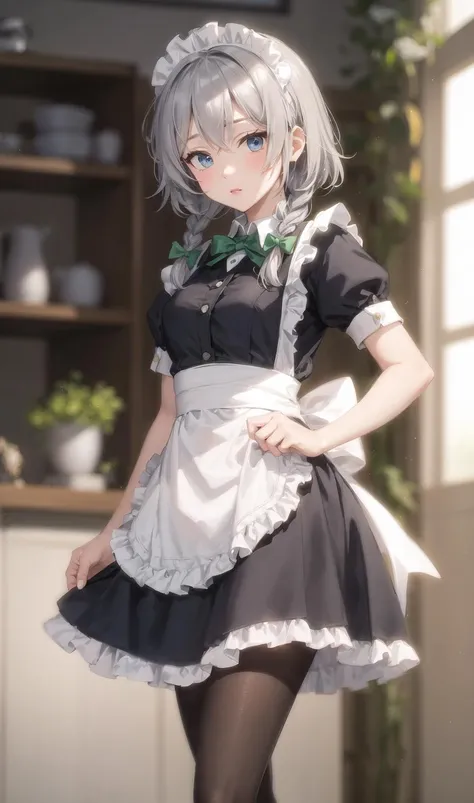 blurry, blurry_background, blurry_foreground, depth_of_field, izayoi_sakuya, maid_headdress, motion_blur, 1girl, maid, twin_braids, braid, apron, silver_hair, photo_\(medium\), pantyhose, solo, waist_apron, puffy_sleeves, high_heels, bow, green_bow, puffy_short_sleeves, black_footwear, blue_eyes, short_sleeves, hair_bow