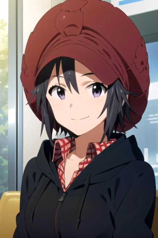 (((pixel-perfect, detail-perfect))), solo, 1girl, <lora:makoto-idolmaster:0.8>, makoto kikuchi, hat, hood, black hoodie, looking at viewer, smile