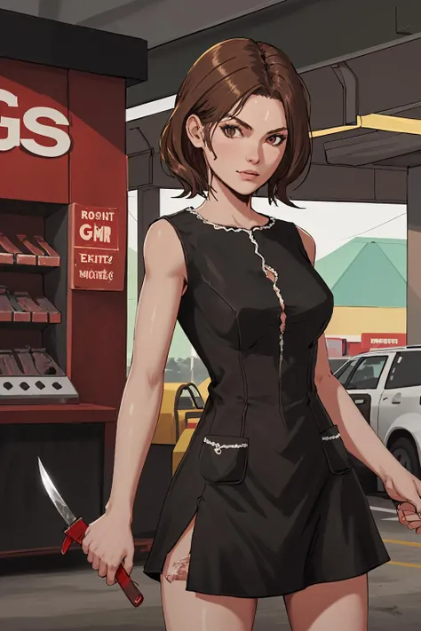1girl, SissyTCM, brown hair, dress, holding a knife, solo, medium body shot, looking at viewer, <lora:SissyTCM:0.8>, gas station
