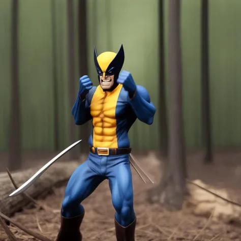 Xfigurex , 1figure of Wolverine by X-Men, In Forest , Diminute, toy, ultrarealist, high definition, 35mm, detailed face, detailed background, 8k,