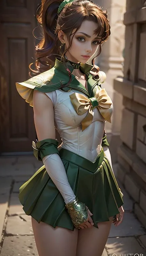 8k, real picture, intricate details, ultra-detailed,(photorealistic), pale skin, <lora:Jupiter10_16:0.6> SMJupiter, SMJupiterOutfit, green sailor collar, green skirt, sailor senshi uniform, ponytail, <lora:saintSeiyaLeoArmor_leoarmor10:0.4> leoarmor