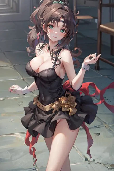 masterpiece, best quality, absurdres, perfect antomy, 1girl, SMJupiter, green eyes, ponytail, bare shoulders, black dress, black footwear, breasts, cleavage, collarbone, criss-cross halter, hair ribbon, handbag, looking at viewer, smile, solo, standing, cowboy shot, indoors, reflective floor, ball room, palace
