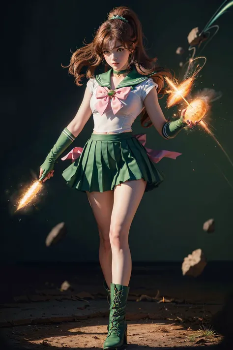 masterpiece, best quality, absurdres, perfect antomy, SMJupiter, SMJupiterOutfit, green sailor collar, green skirt, sailor senshi uniform, ponytail, standing, Brown Hair, pleated skirt, green skirt, Boots, Pink Bow, close-up, dynamic posture, <lora:JupiterLORA:0.7>, <lora:GirlfriendMix2:0.8>, full body, Dynamic background, Lightning effects,