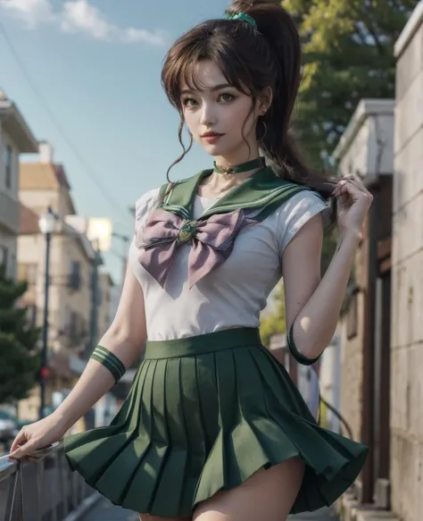SMJupiter, SMJupiterOutfit, green sailor collar, green skirt, sailor senshi uniform, ponytail, looking at viewer, outdoors, <lora:JupiterLORA:1>, <lora:add_detail:0.5>