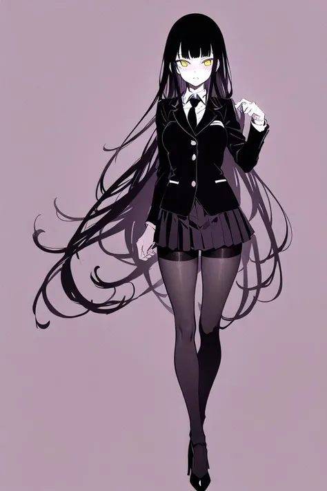 (masterpiece, best quality:1.2), 1girl, black blazer, necktie, (black pleated skirt:1.1), very long hair, blunt bangs, thighband pantyhose, long legs, high heels, yellow eyes, slit pupils,
solo, standing, full body, purple background, simple background, spot color, breasts, [black skirt:3]
<lora:houkago-10:0.8>