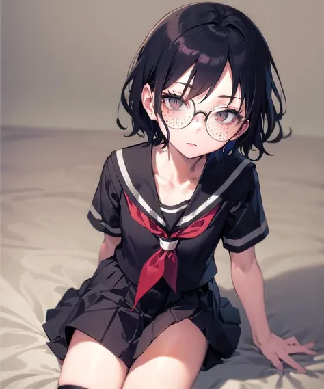 1girl, arm support, black_eyes, black hair, freckles, round glasses, black kneehighs, black serafuku, short hair, sitting, solo, best quality <lora:houkago-10:1>