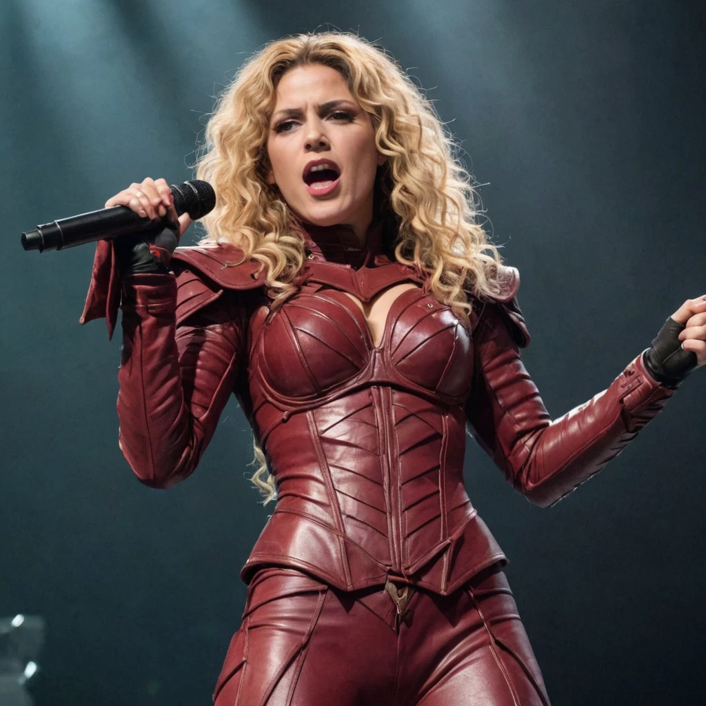 (shakira:3.0) singing into a microphone  on stage wearing a a red m0rd_s1th  leather armor,  <lora:Mord_Sith_ArmorXL:0.02> mord sith costume, curly hair