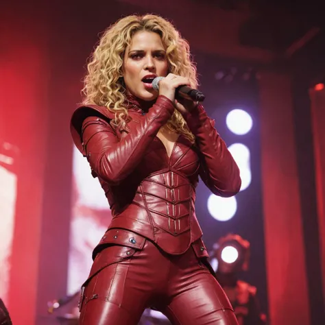 (shakira:3.0) singing into a microphone on stage wearing a a red m0rd_s1th leather armor, <lora:Mord_Sith_ArmorXL:0.02> mord sith costume, curly hair