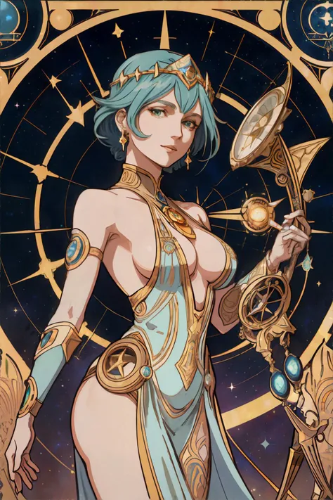 Urania, The Muse of astronomy, Depicted with a globe and a compass, symbolizing her association with the heavens and the scientific study of stars and planets., portrait by alphonse mucha, art deco, masterpiece, 8k, high resolution, shallow depth of field, sharp focus