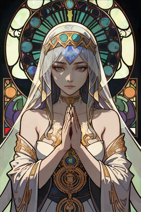 Polyhymnia, The Muse of sacred poetry, Often shown in a pensive or meditative pose, sometimes with a veil, representing the solemnity and reverence of her domain., portrait by alphonse mucha, art deco, masterpiece, 8k, high resolution, shallow depth of field, sharp focus