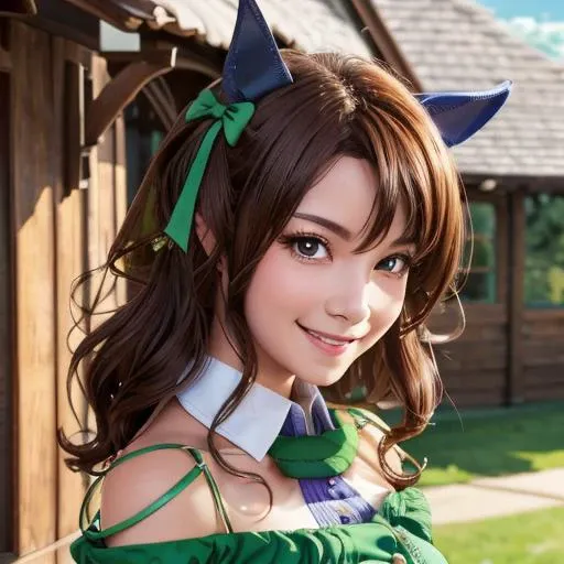 masterpiece, best quality, face shot, close up, looking at viewer, smile,
king halo \(umamusume\), ear covers, green bow, hair bow, purple gloves, off shoulder, bare shoulders, short sleeves, sleeveless, off-shoulder dress, collared dress, green dress, double-breasted, buttons, frills
 <lora:king_halo_loha-000007:0.7>