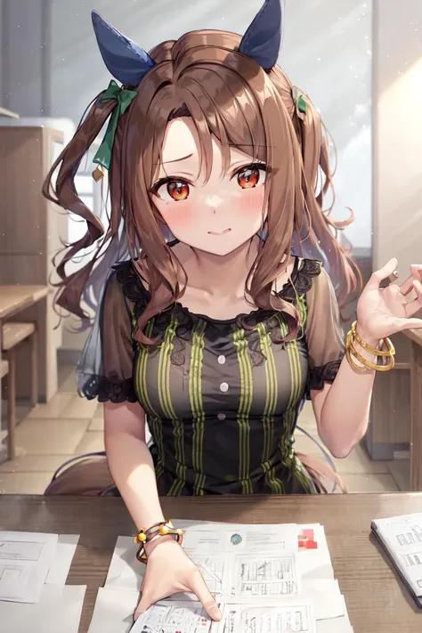 masterpiece, best quality,
king halo \(umamusume\),
pov over table,
casual, ear covers, green bow, hair bow, one side up, short sleeves, bracelet, vertical stripes, striped dress, black dress, see-through, 
<lora:king_halo_loha:0.7>