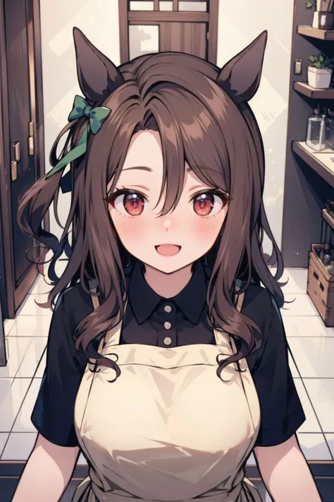 king halo \(umamusume\),  completely nude, indoors, house, smile,full-face blush,open mouth, apron, black shirt, upper body, pov ,from above,hair between eyes,masterpiece, high quality, alternate costume,ultra-detailed,clear skin,
 <lora:king_halo_loha:0.6>