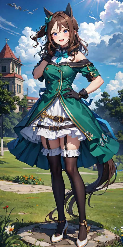 masterpiece, best quality, king halo \(umamusume\), rain, dark clouds, outdoors, grass, (ojou-sama pose:1.4), hand on own hip, open mouth, smile, looking at viewer, standing, full body, ear covers, green bow, hair bow, black gloves, off shoulder, bare shoulders, short sleeves, sleeveless, off-shoulder dress, collared dress, green dress, double-breasted, buttons, frills, garter straps, frilled thighhighs, black thighhighs, white footwear, high heels, <lora:king_halo_loha:0.8>