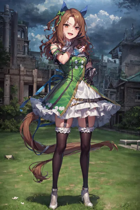 masterpiece, best quality,
king halo \(umamusume\),
rain, dark clouds, outdoors, grass,
(ojou-sama pose:1.4), hand on own hip,
open mouth, smile, looking at viewer,
standing, full body,
ear covers, green bow, hair bow, black gloves, off shoulder, bare shoulders, short sleeves, sleeveless, off-shoulder dress, collared dress, green dress, double-breasted, buttons, frills, garter straps, frilled thighhighs, black thighhighs, white footwear, high heels,
<lora:king_halo_loha:0.8>