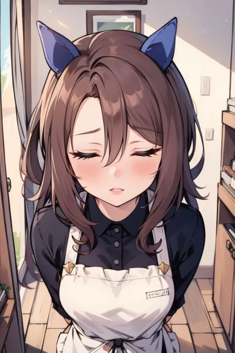 king halo \(umamusume\),  1girls, solo, bent over ,completely nude, indoors, house, closed eyes,  ,full-face blush,Pursed_lips, apron, black shirt, upper body, pov ,from above,hair between eyes,masterpiece, high quality, alternate costume,ultra-detailed,clear skin,looking at viewer, arms behind back, 
 <lora:king_halo_loha:0.6>