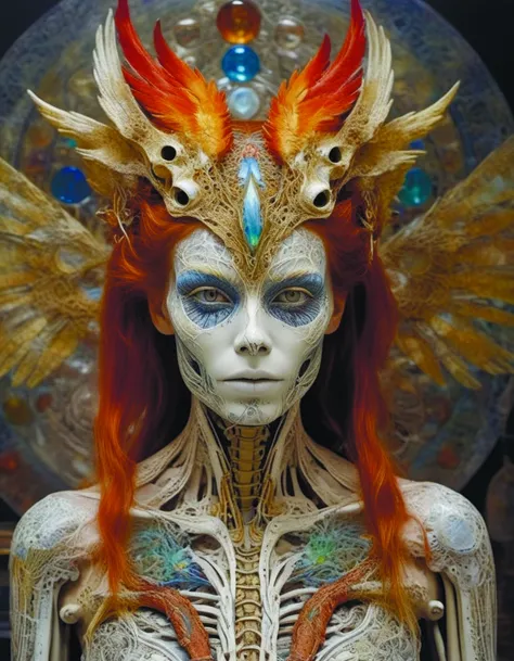 photo of Hyperrealistic art Wonderful, intricate, (colorful), (a superb Art Brut Decollage art, Lycanthropic Phoenix), ethereal neural network organism, divine cyborg dragon:2 girl:0.3, ginger:0.5 biomorph, glass skeleton, skinless:3, anatomical face, biomechanical details, (white and iridescent colors:1.1) bright colors, <lora:RPGAlchemistsXL:0.7> <lora:alt_style:0.8>, alchemist, alt_style, cinematic, 35mm film, 35mm photography, film, photo realism, DSLR, 8k uhd, hdr, ultra-detailed, high quality, high contrast,