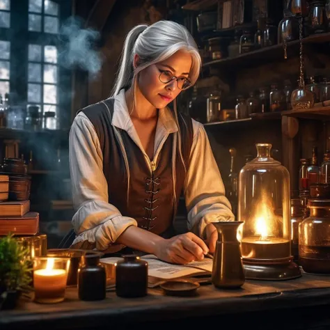1girl, alchemist, alcohol, apple, bald, bar (place), bare shoulders, bartender, basket, beard, black hair, blonde hair, blue eyes, blurry, blurry background, book, bookshelf, bottle, braid, breasts, brown eyes, brown hair, brown vest, candle, candlelight, chair, cleavage, closed eyes, closed mouth, coat, collared shirt, cup, dark, depth of field, dress, earrings, facial hair, fire, food, from side, fruit, glasses, green eyes, grey hair, hat, head tilt, holding, hood, indoors, jar, jewelry, lamp, light bulb, lips, long hair, long sleeves, looking at viewer, looking down, male focus, manly, medium breasts, mustache, necklace, old, old man, old woman, pendant, piercing, plant, ponytail, pouring, profile, realistic, ring, robe, round eyewear, shirt, short hair, sitting, sleeves rolled up, smile, smoke, solo, spoon, sunlight, table, twin braids, upper body, vest, watermark, wavy hair, web address, white hair, white shirt, window, wrinkled skin, writing, zipper Minimalist drawing Sober simple pastel drawing with simple background <lora:RPGAlchemistsXL:0.7>