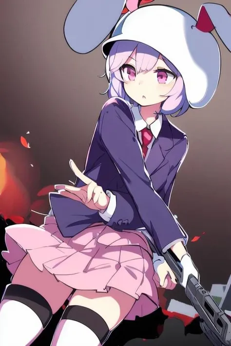 1girl, reisen2, white helmet, wielding rifle, battlefield, high thigh socks, pink skirt <lora:reisen2:1>