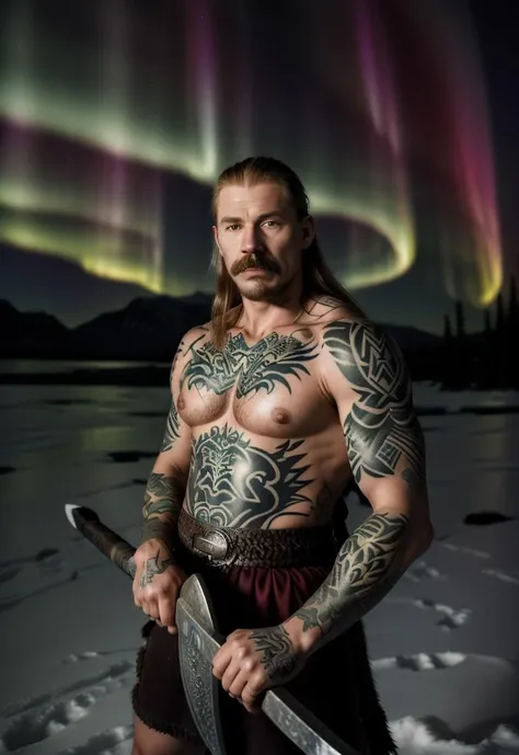 portrait of handsome man, mustache, viking, tattoos, holding axe, outdoors, northern lights,
<lora:chevron-mustache:.7>