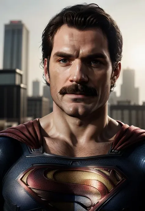 portrait of Henry Cavill in a superman suit, mustache, daylight, outdoors,
<lora:chevron-mustache:.6>
