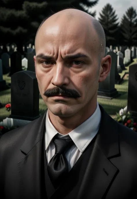 portrait of handsome man, mustache, sad face, black clothes, funeral, bald, graveyard,
<lora:chevron-mustache:.6>