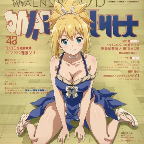 <lora:kohaku_v2:1>, kohaku \(dr. stone\), blue dress, choker, rope belt, clog sandals, fundoshi,  sitting, smiling, looking to viewer, blushing, magazine cover,  <lora:Magazine-10:1>