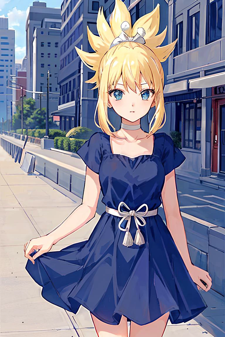 kohaku \(dr. stone\), blue dress, choker, rope belt, cowboy shot,modern city , confused, standing, looking at viewer, question mark, <lora:kohakuDrStone_v10:0.65><hypernet:sgqo1n:1>