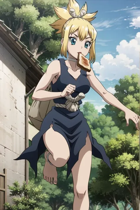 <lora:kohaku_v2:0.8>, BREAK kohaku \(dr. stone\), blue dress, choker, rope belt, barefoot, feet focus, jumping, amazing, masterpiece, best quality, highly detailed, good eyes, looking straight, hd, 8k, trending, professional, symmetrical, hires, anime coloring, <lora:add_sharpness:0.6> <lora:epi_noiseoffset2:0.6> , toast in mouth, <lora:toast-nvwls-v1:0.9> <lora:boichi_anime_style_offset:0.8>, boichi