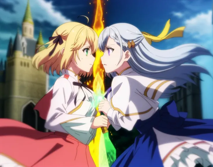 holding sword, Anisphia; Euphyllia; by momoko; fanart; looking at another, eye contact, from side, short hair, long hair, fighting,
cowboy shot of two girls (holding magic sword),
official art,  dress, cinematic angle,
fantasy, daylight, castle, colorful blue sky, red dress, blue dress, yellow ribbon, black ribbon
glowing beautiful eyes, cinematic angle