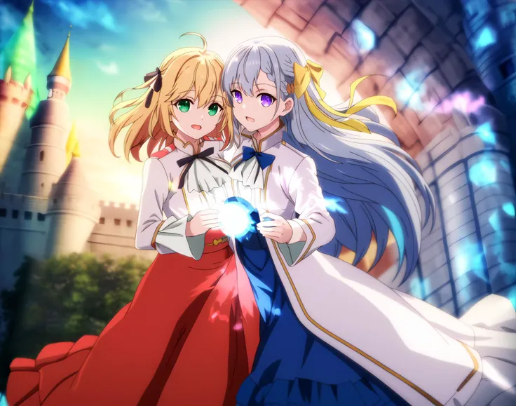 Anisphia; Euphyllia; fanart; eye contact, back to back, short hair, long hair,
official art,  dress, cinematic angle, white coat,
fantasy, daylight, castle, colorful blue sky, red dress, blue dress, yellow ribbon, black ribbon
glowing beautiful eyes, cinematic angle